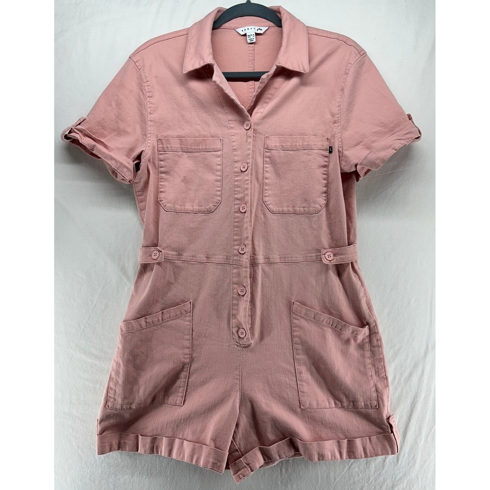 Rusty Women Pink Utility Romper Button Front Short Sleeve Cotton Playsuit Size M